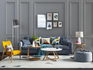 北欧蓝色布艺多人沙发圆形坐墩茶几组合