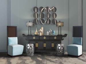 中式实木玄关柜边柜和休闲椅子