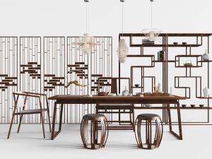 中式长方形实木茶桌椅组合、隔断