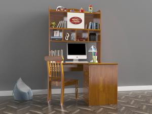 美式实木带收纳架的转角书桌椅组合3d模型 美式实木带收纳架的转角书桌椅组合
