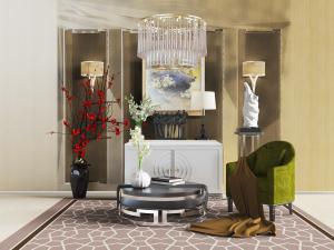 中式绿色单人沙发、圆形茶几组合3d模型 中式绿色单人沙发、圆形茶几组合