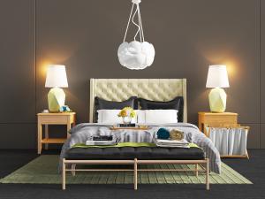 北欧双人床床尾凳和床头柜