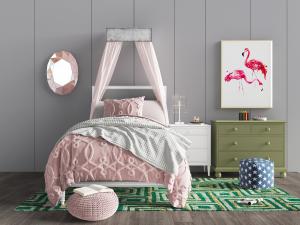 北欧儿童带床幔的单人床床头柜组合