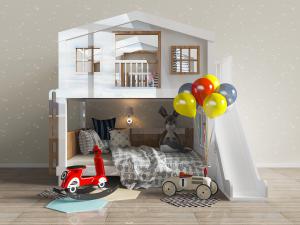 现代儿童带木屋滑梯的上下铺