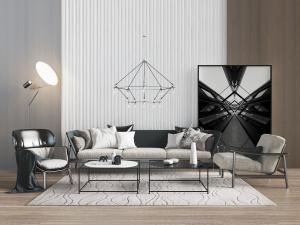 现代黑色皮艺多人沙发、休闲椅子和落地灯组合