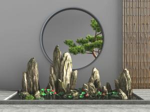 中式假山荷花池、背景墙景观小品