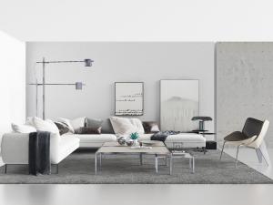 现代北欧白色转角多人沙发、休闲椅子和茶几组合