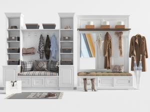 美式白色带卡座的鞋柜、衣架