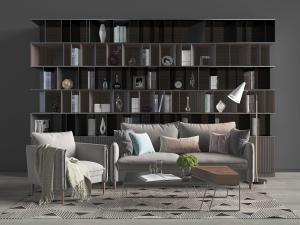 北欧灰色多人沙发、单人沙发和茶几组合