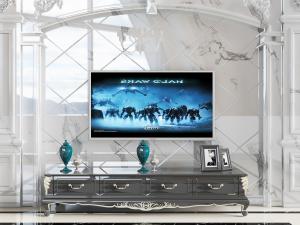 欧式黑色带抽屉雕花电视柜、电视机和背景墙