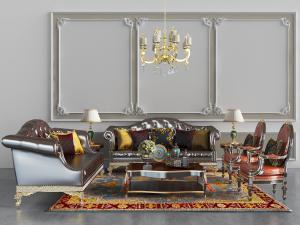 欧式皮革多人沙发、单人沙发组合