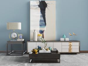 新中式白色电视柜、茶几边几