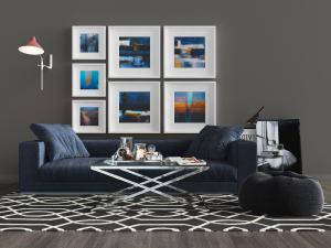 现代美式蓝色多人沙发、坐垫和茶几组合