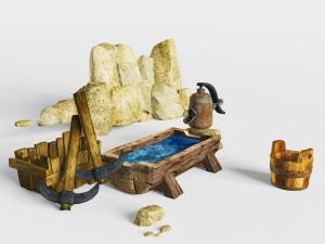 中式民宿水井实木水槽和木桶