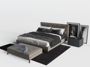 现代灰褐色布艺双人床、床尾凳