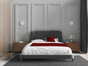 现代深灰色双人床和实木床头柜