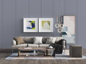 现代金属细脚多人沙发、方形坐墩和茶几组合