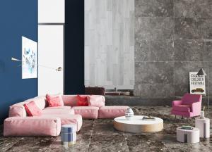 现代粉色多功能转角多人沙发、休闲椅和圆形茶几组合