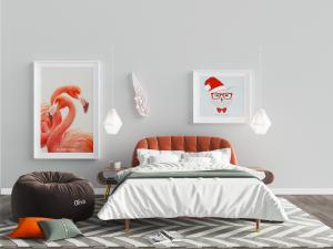 现代橙色圆角型床头的双人床和懒人沙发