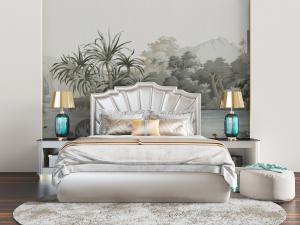 新中式泛着银光的双人床、坐墩