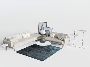 现代白色转角多人沙发、大理石茶几组合