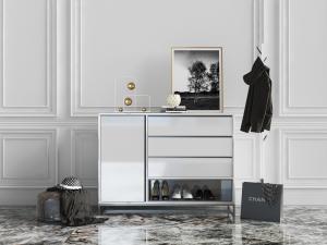 北欧灰边装饰的白色玄关柜、鞋柜