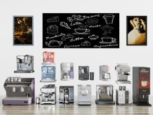 咖啡店里的咖啡机、墙面装饰挂画