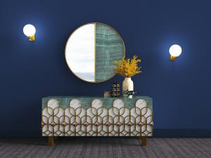 现代复古金边纹理的玄关柜和圆镜