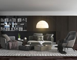 现代北欧深灰色嵌套茶几的多人沙发、休闲椅组合