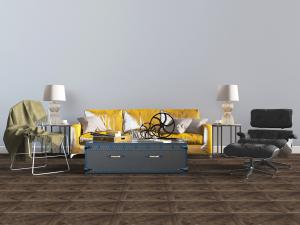 现代黄色皮革多人沙发、躺椅和行李箱茶几组合