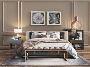 现代新中式双人床、床尾凳