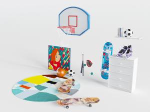 现代儿童活动区篮球架、滑板车和篮球足球