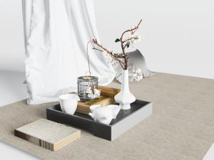 中式茶盘茶具和花瓶花卉