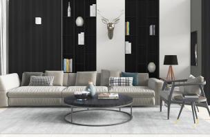 北欧灰白色多人沙发、休闲椅子和圆形茶几