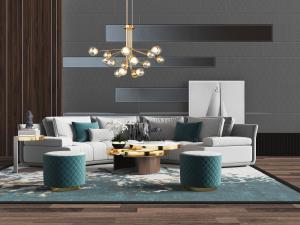 新中式弧形多人沙发、沙发凳和茶几组合