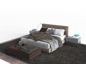 现代新中式双人床、床尾凳