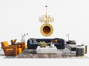 后现代多人沙发休闲椅子沙发凳茶几组合