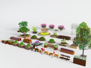 现代户外实木大型花盆盆栽植物、公共椅子