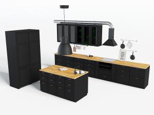 现代黑色整体橱柜吊柜高柜和厨房中岛