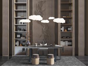 新中式茶桌椅、坐墩和装饰柜