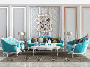 欧式蓝色多人沙发单人沙发茶几组合