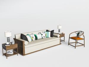 新中式布艺多人沙发休闲椅子组合