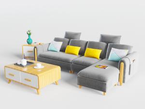 现代北欧灰色多人转角沙发、茶几组合