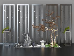 中式庭院露台石头假山松树景观小品