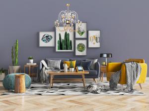 北欧灰色多人沙发、单人沙发和坐墩组合