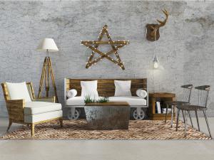 工业风实木带轮子的多人单人沙发茶几组合