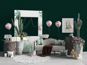 北欧实木多人沙发绿色盆栽植物