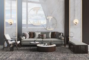 新中式灰色多人沙发、沙发凳和茶几组合