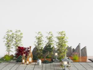 中式竹子、石头和烛台景观小品