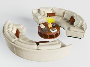 现代米黄色弧形多人沙发、实木茶几